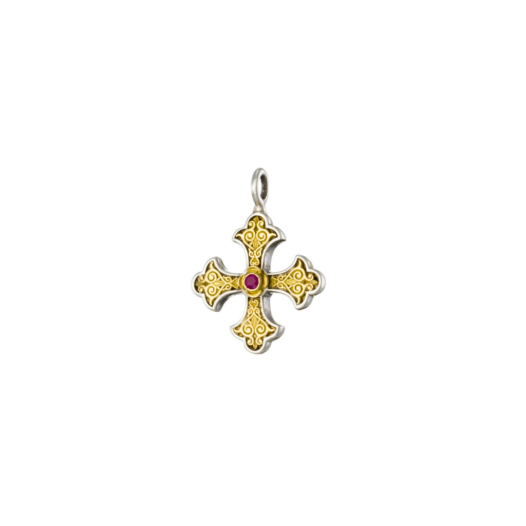 Aretousa Cross in 18K Gold and Sterling silver with Ruby