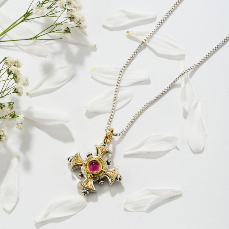 Cyclades Cross in 18K Gold and Sterling Silver with Semi Precious Stone - Image 2
