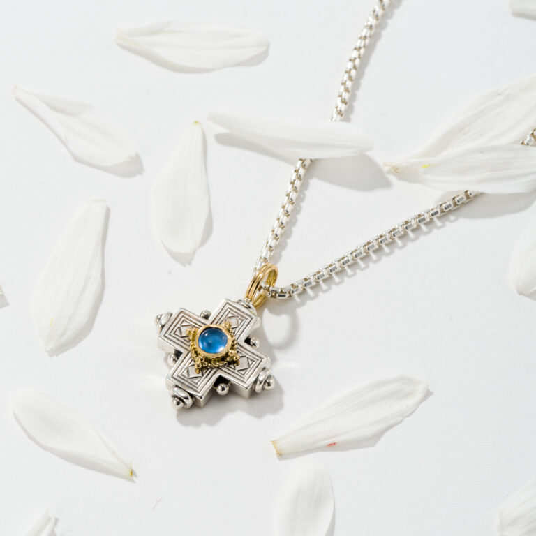 Cyclades Cross in 18K Gold and Sterling Silver with Semi Precious Stone
