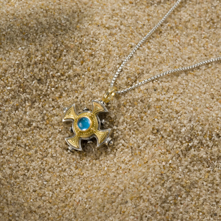 Cyclades Cross in 18K Gold and Sterling Silver with Semi Precious Stone