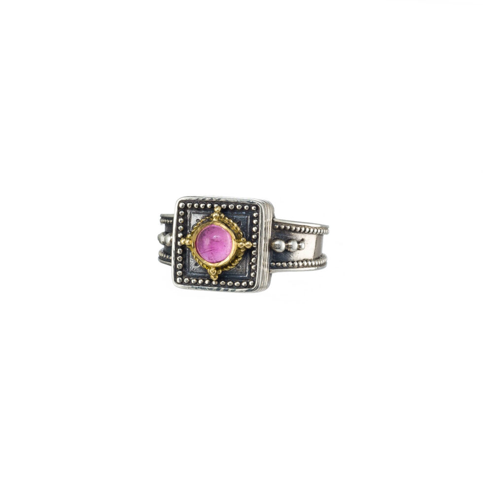 Cyclades square ring in 18K Gold and Sterling silver with pink tourmaline