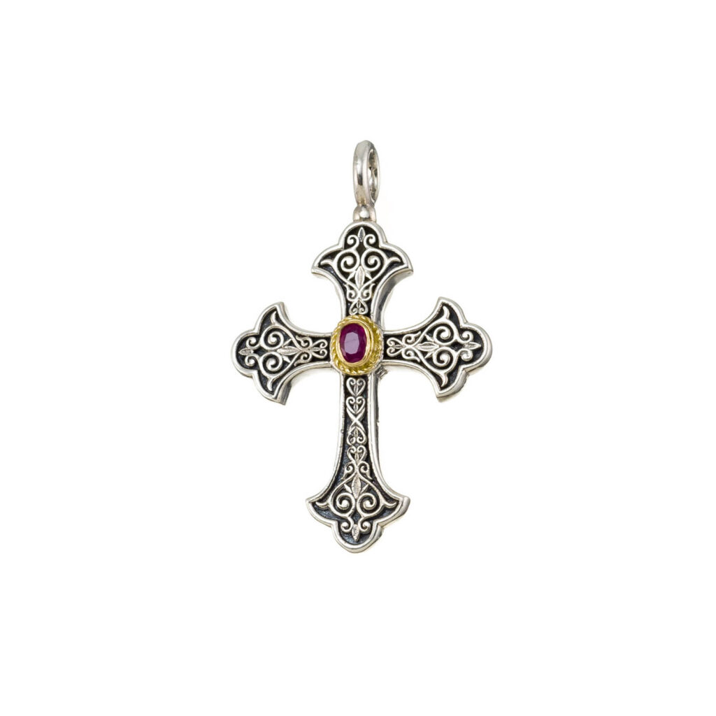 Aretousa Cross in sterling silver with 18K Gold and Gemstone