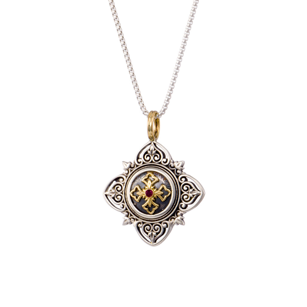 Aretousa Cross Pendant in 18K Gold and Sterling Silver with Ruby