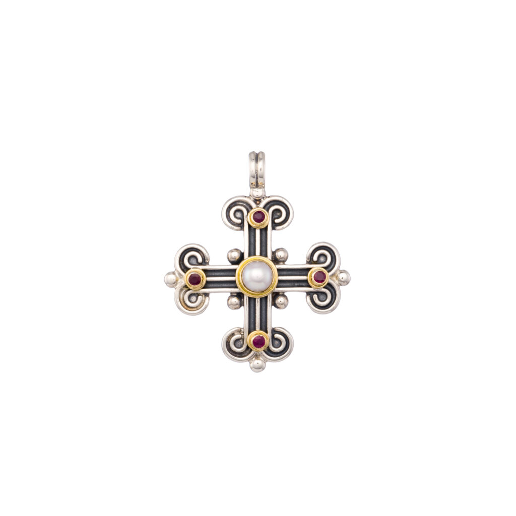 Byzantine Cross in 18K Gold and Sterling Silver with Gemstones