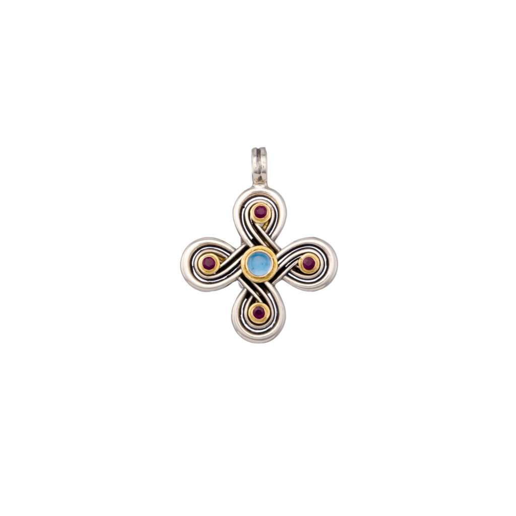 Infinity cross in 18K Gold, sterling silver, rubies and aquamarine