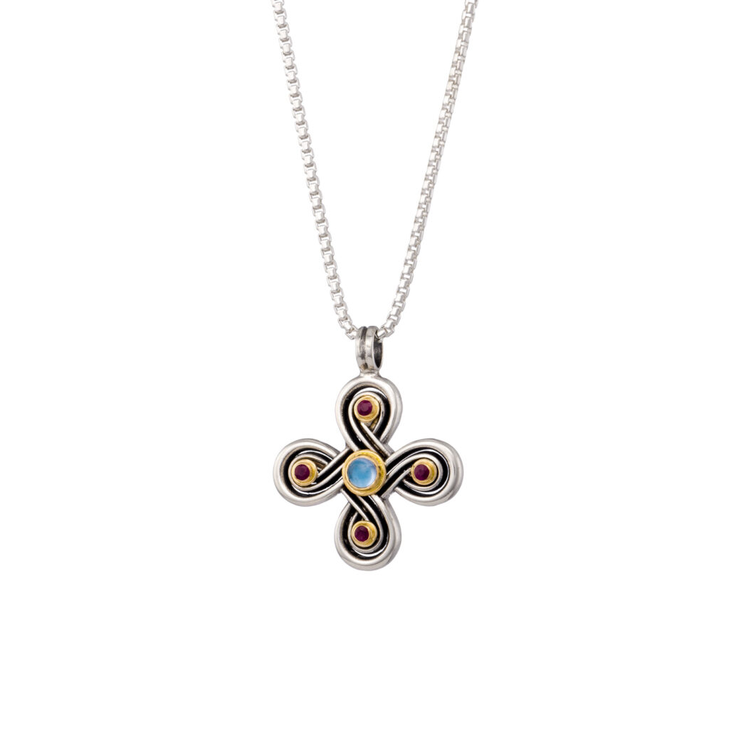 Infinity cross in 18K Gold, sterling silver, rubies and aquamarine