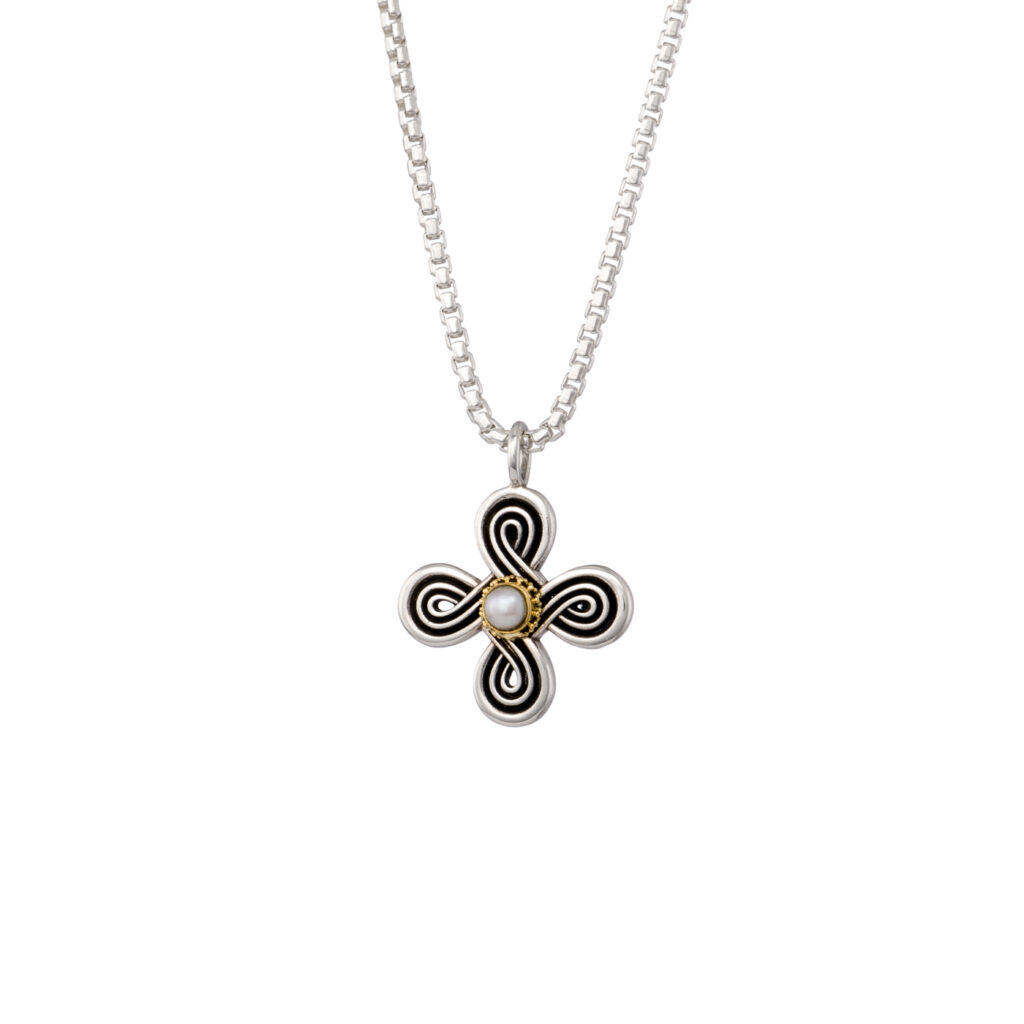 Infinity cross in 18K Gold and sterling silver with Pearl