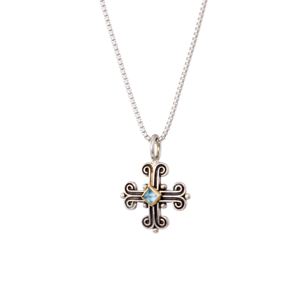 Byzantine cross in 18K Gold and sterling silver with semi precious stone