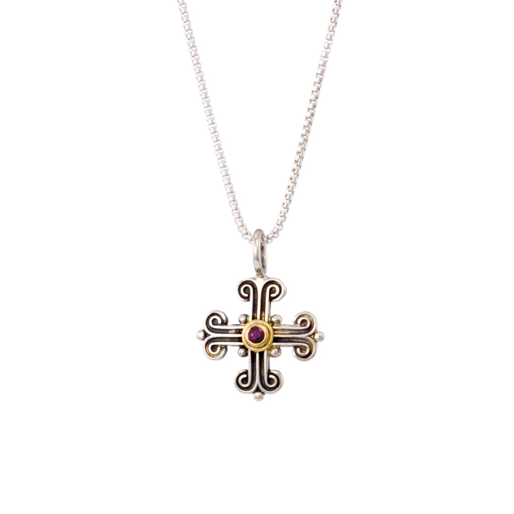 Byzantine cross in 18K Gold and sterling silver with ruby