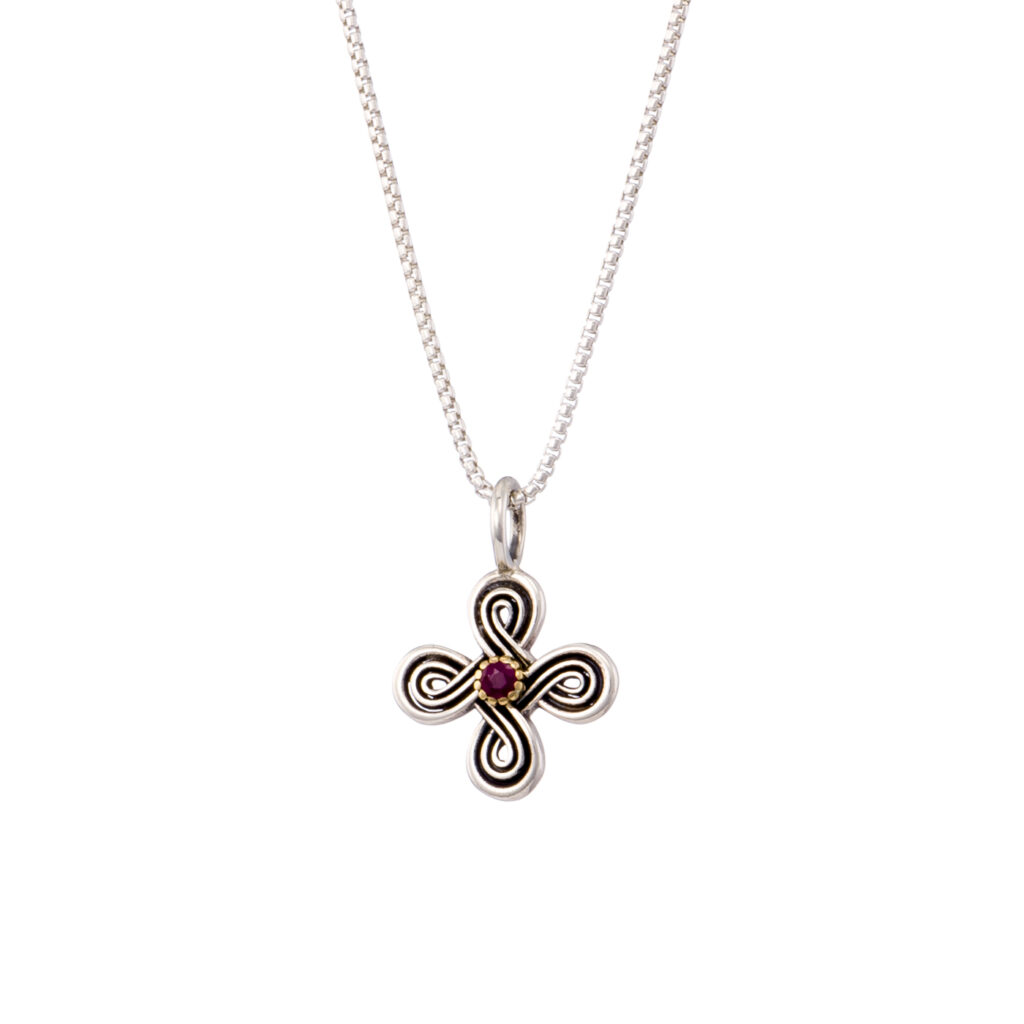 Infinity cross in 18K Gold and sterling silver with ruby