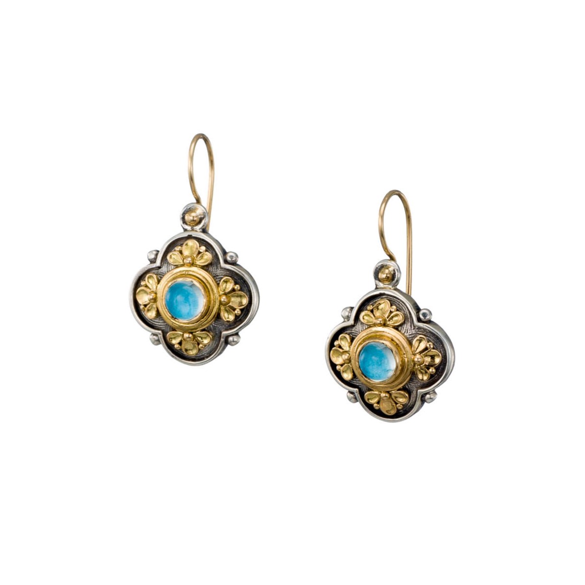 Athenian Flower Earrings in 18K Gold and Sterling Silver with Aquamarine