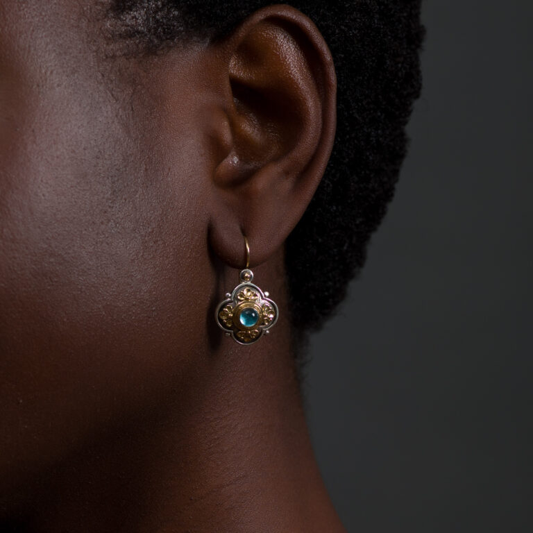 Athenian Flower Earrings in 18K Gold and Sterling Silver with Aquamarine