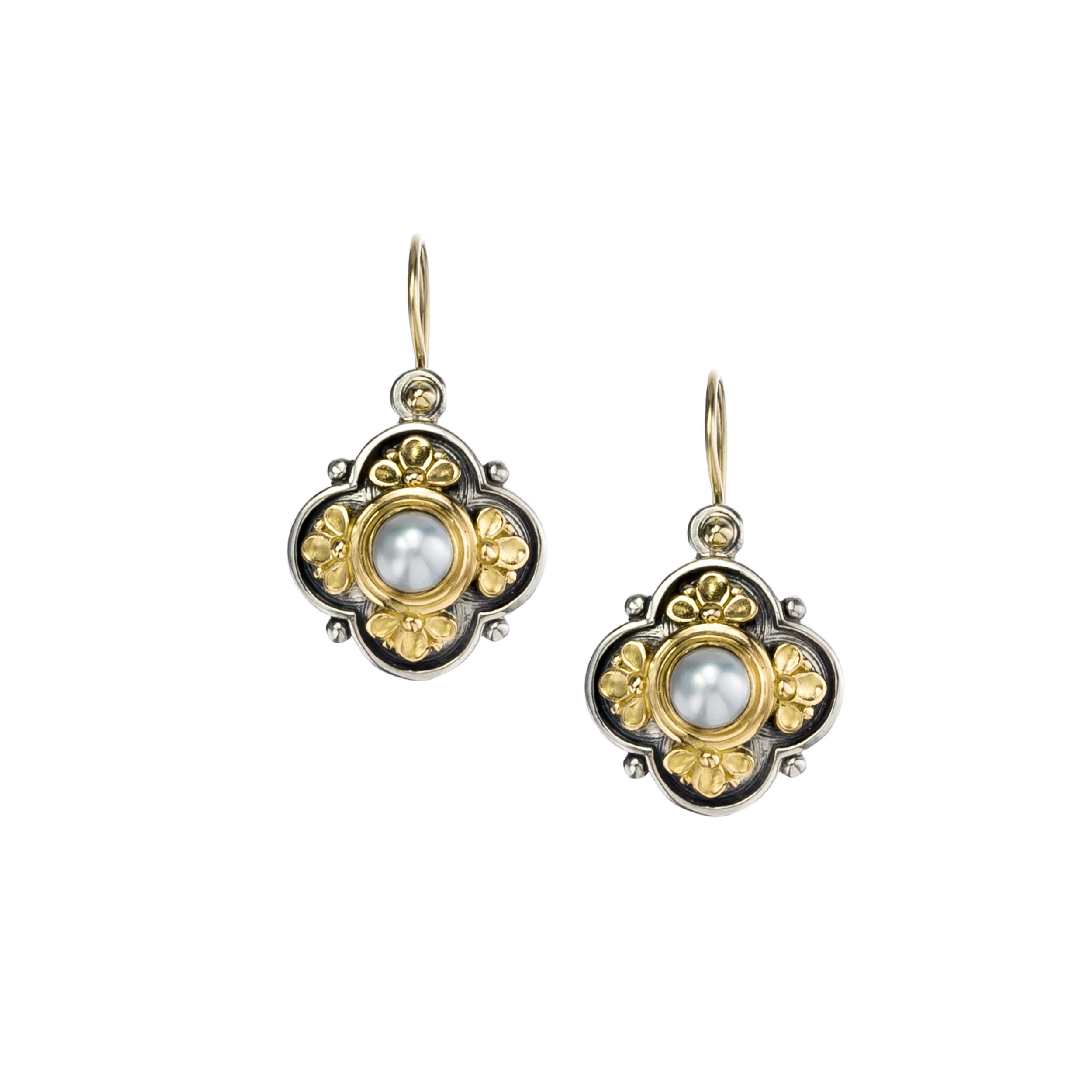 Athenian Flower Earrings in 18K Gold and Sterling Silver with Aquamarine