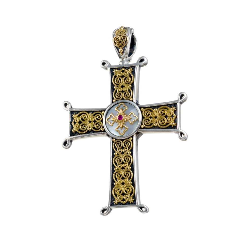 Cross in 18K Gold and Sterling silver with mother of pearl and ruby