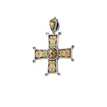 Erotokritos and Aretousa Cross in 18K Gold and Sterling silver with ruby