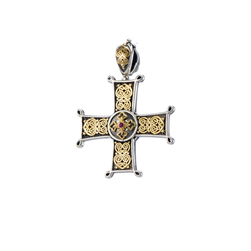 Cross in 18K Gold and Sterling silver with ruby