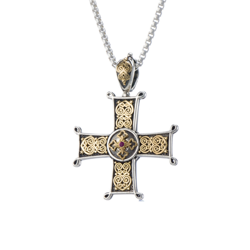 Cross in 18K Gold and Sterling silver with ruby
