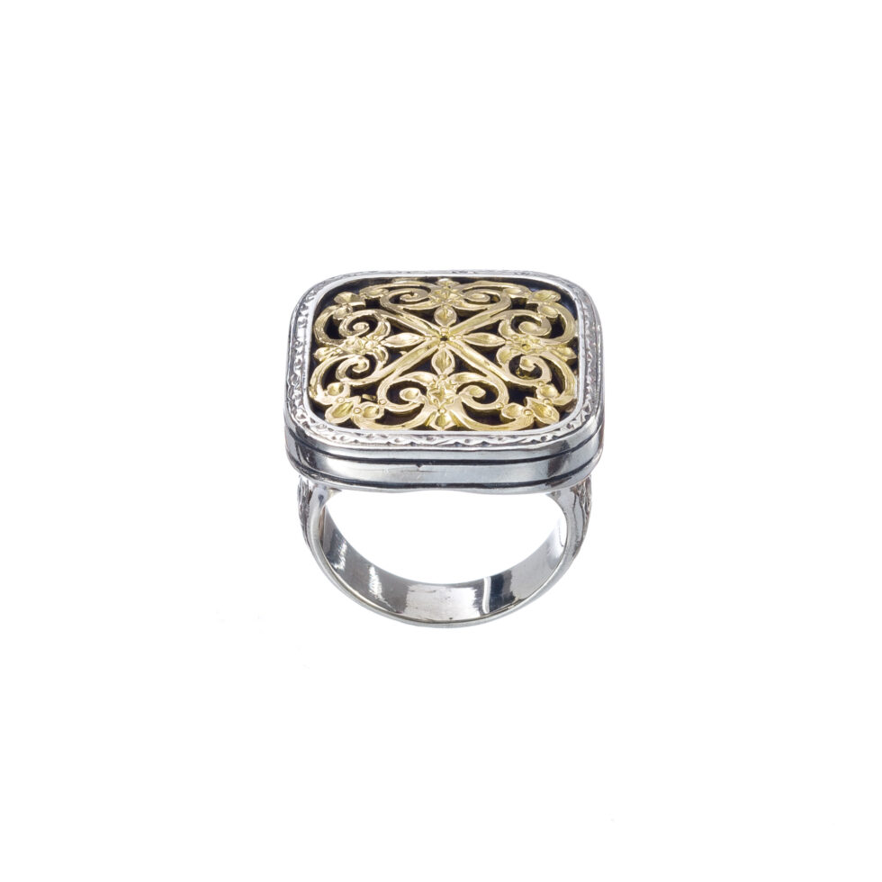 Garden Shadows square ring in 18K Gold with Sterling silver