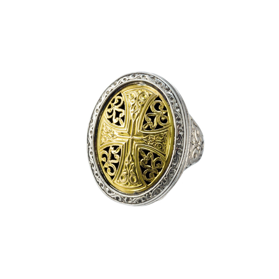 Garden Shadows Oval ring with cross details in 18K Gold with Sterling silver