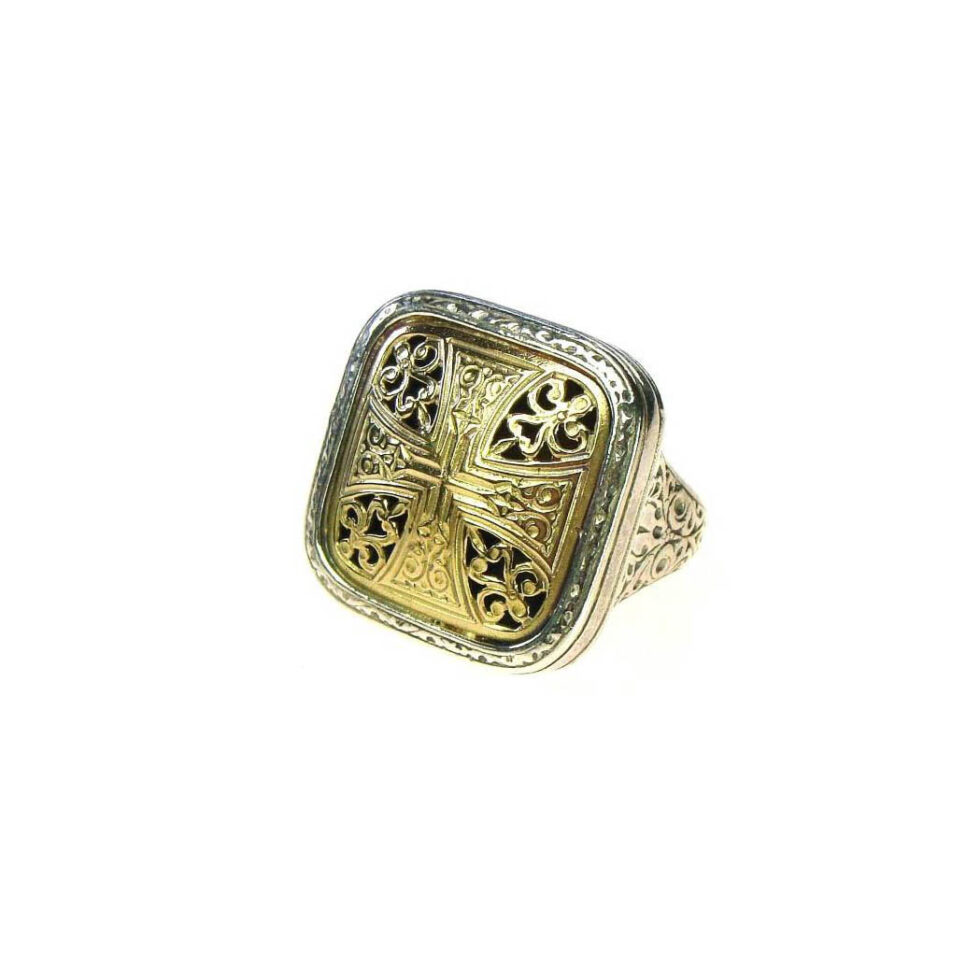 Garden Shadows square ring with cross design in 18K Gold with Sterling silver
