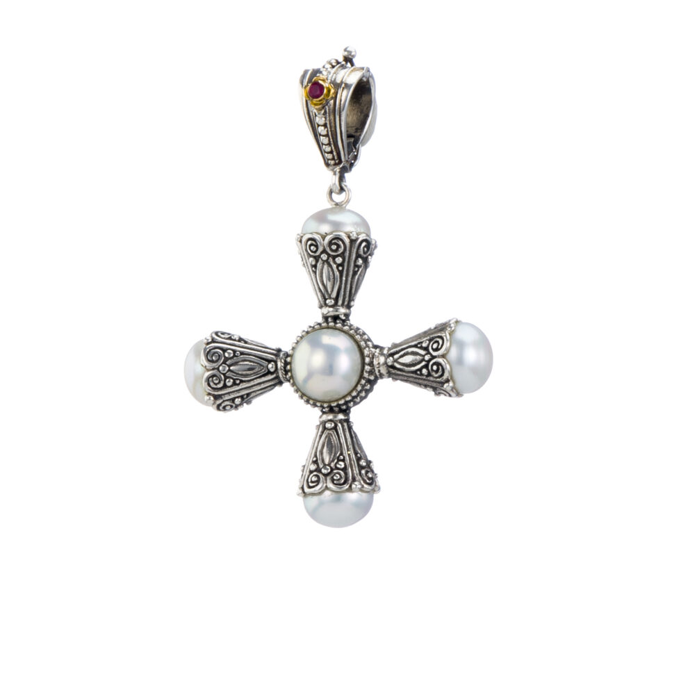 Santorini Cross in Sterling Silver and 18K Gold tiny flower with ruby and Pearls