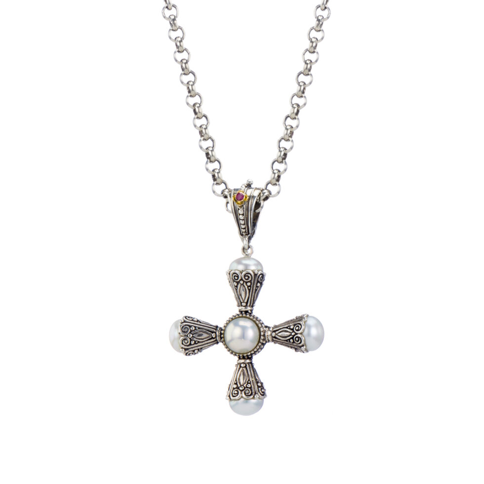 Santorini Cross in Sterling Silver and 18K Gold tiny flower with ruby and Pearls