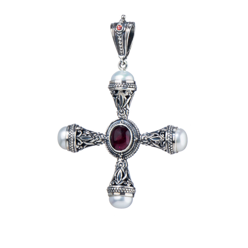 Santorini Cross in Sterling Silver with Garnet and Pearls