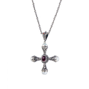 Santorini Cross in Sterling Silver with Garnet and Pearls - Image 2