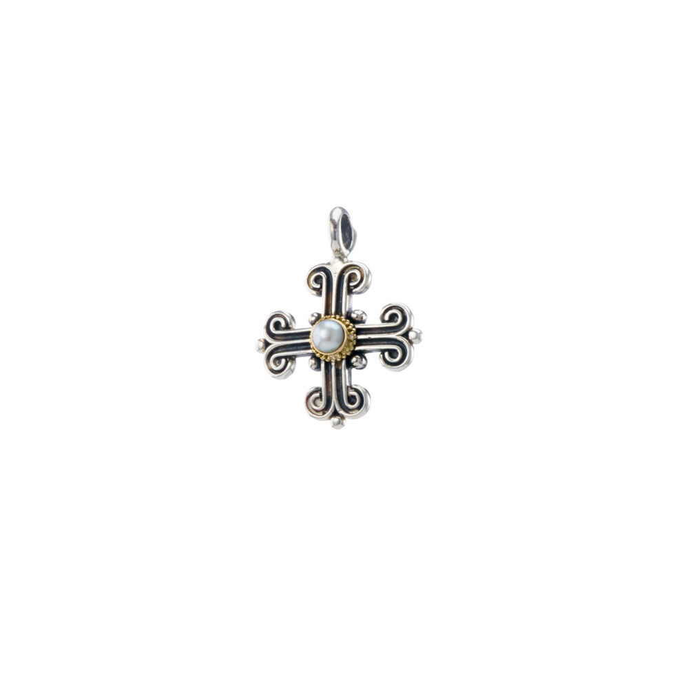 Byzantine cross in 18K Gold and sterling silver with pearl