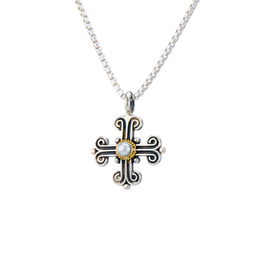 Byzantine cross in 18K Gold and sterling silver with pearl