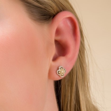 Cross flower Stud earrings in 18K Gold and sterling silver with precious stones