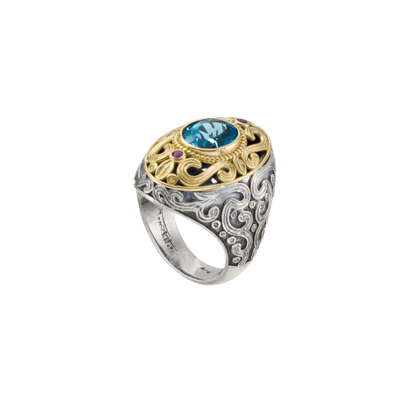 Byzantine ring in 18K Gold and Sterling Silver with blue topaz