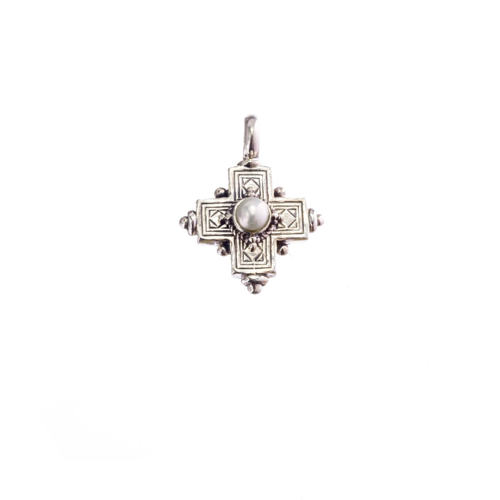 Cyclades Small square cross in sterling silver with semi precious stone
