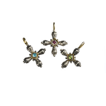 Santorini cross in sterling silver with 18K Gold and Semi precious Stone