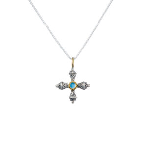 Santorini cross in 18K Gold and sterling silver with Semi precious stone