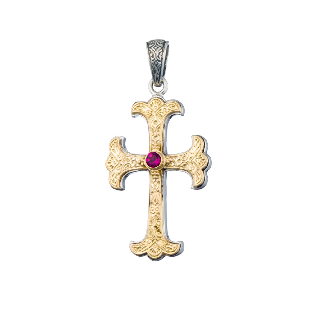 Byzantine Cross in 18K Gold and Sterling silver with Rhodolite