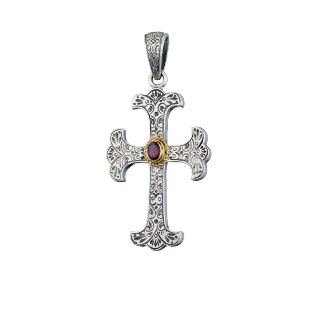 Byzantine Cross in Sterling Silver and details in 18K Gold with semi precious stone