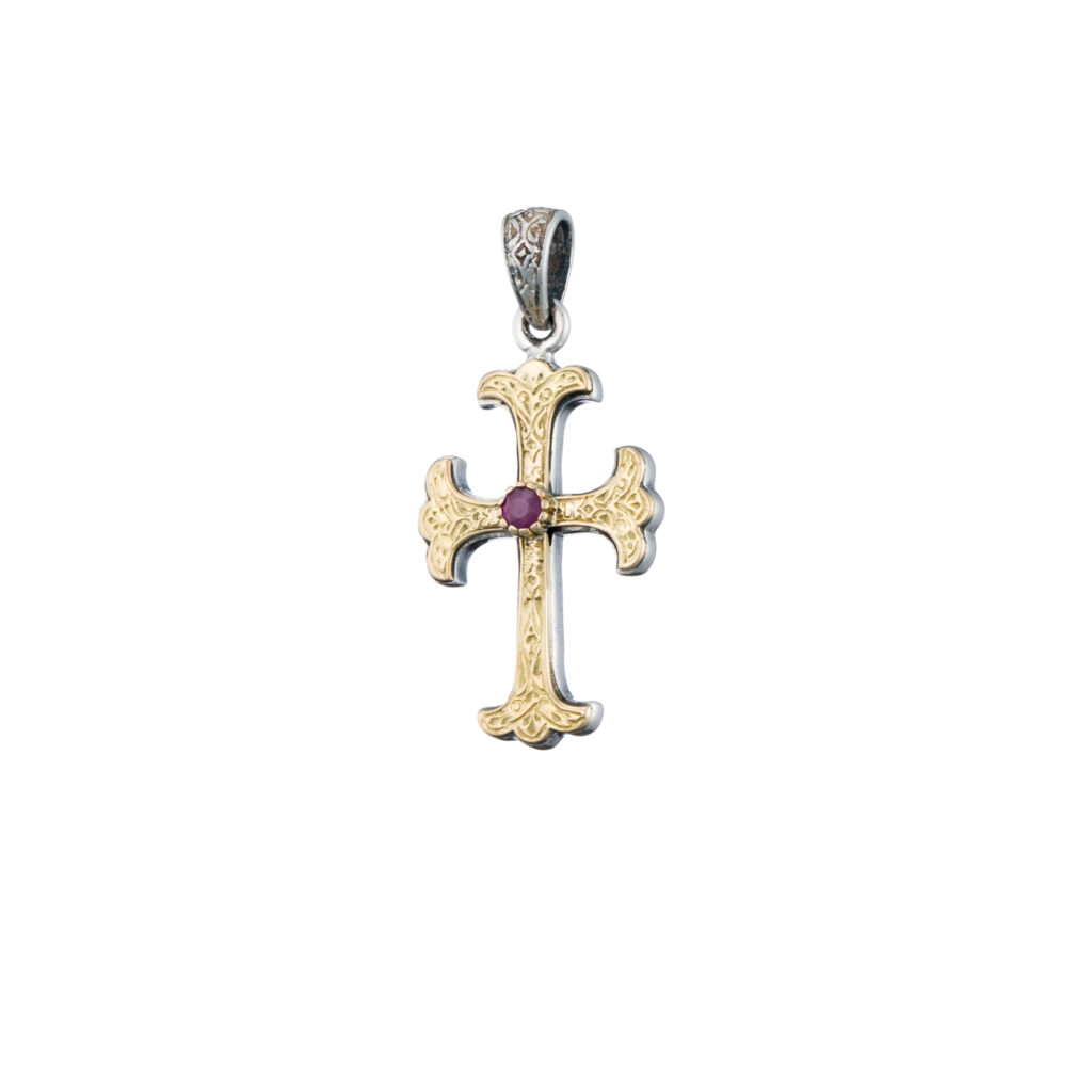 Byzantine Cross in 18K Gold and Sterling Silver with ruby
