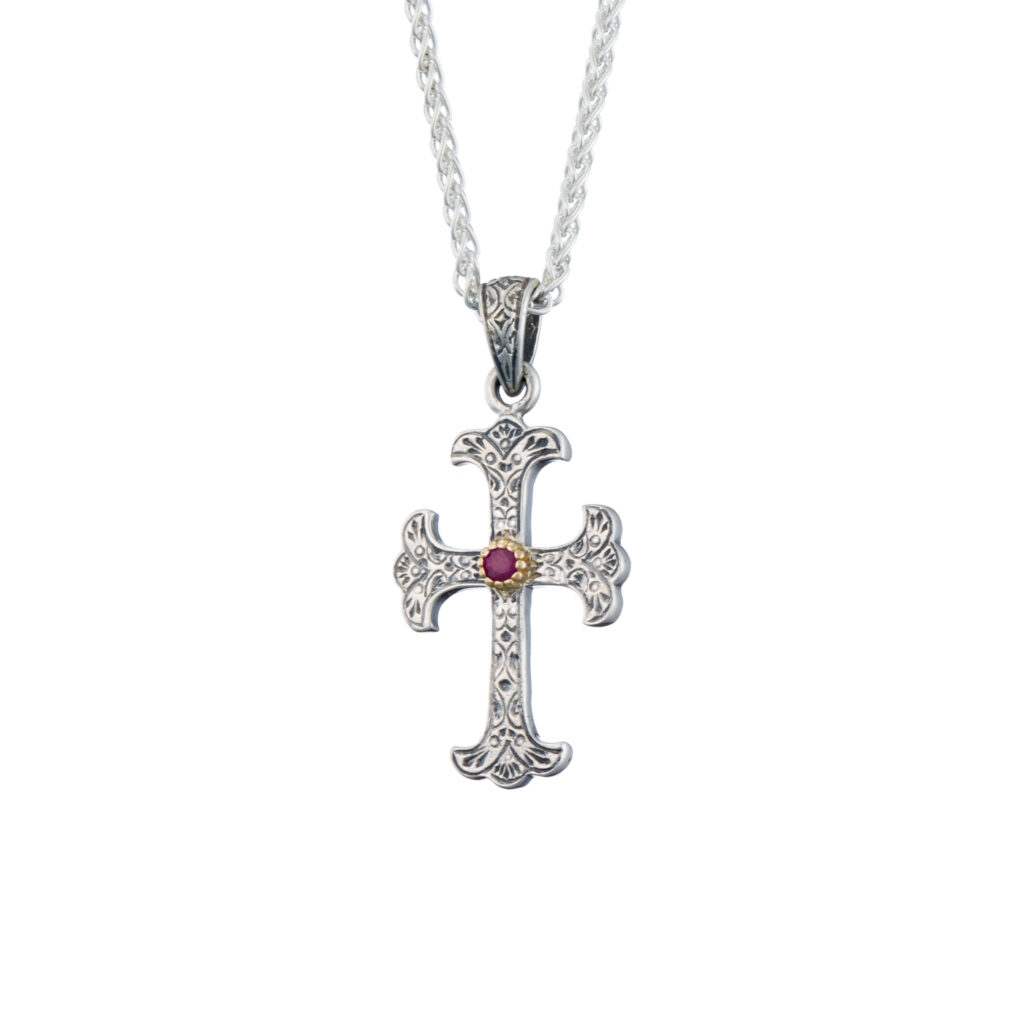Byzantine Cross in Sterling Silver and 18K Gold with ruby