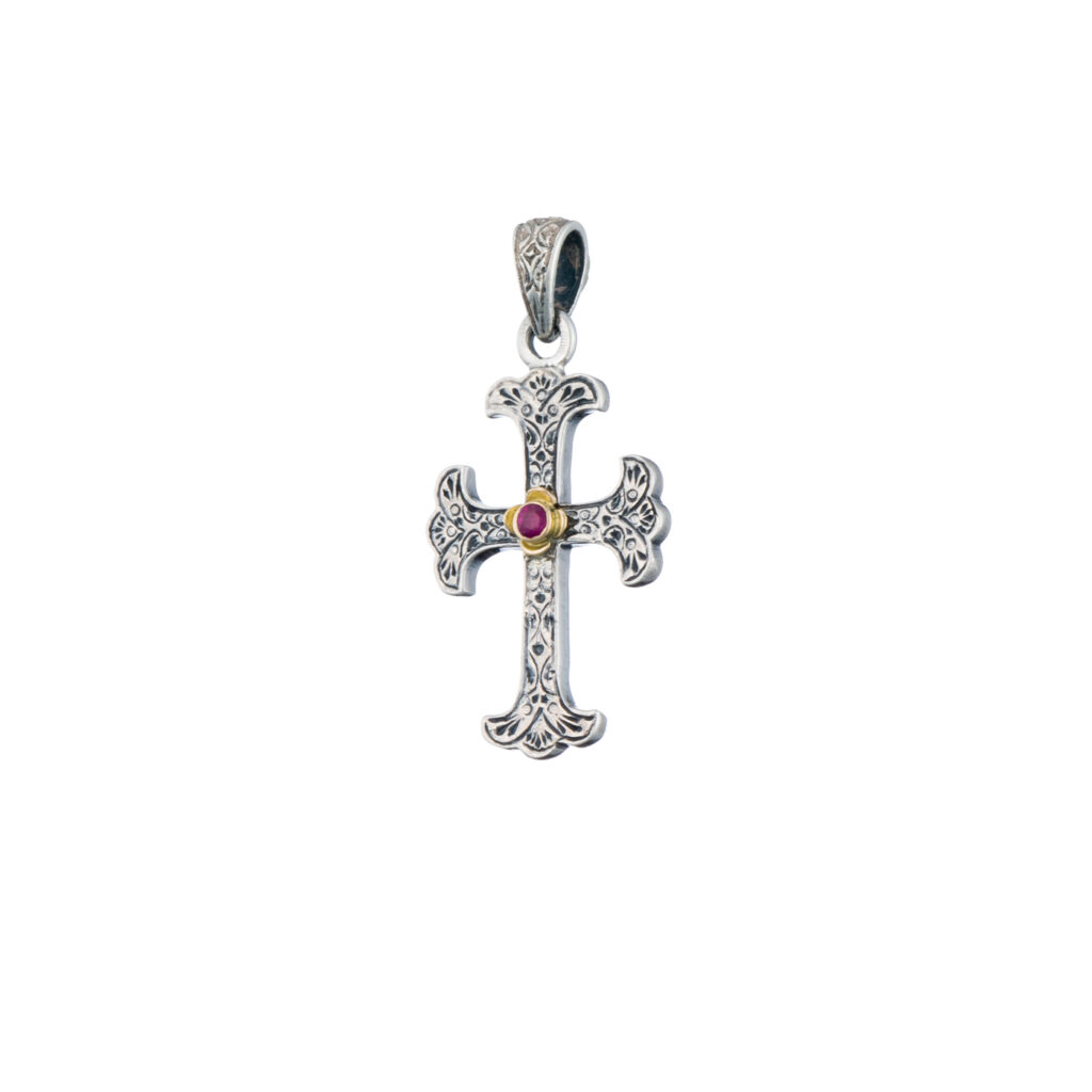 Byzantine Cross in Sterling Silver and 18K Gold with ruby