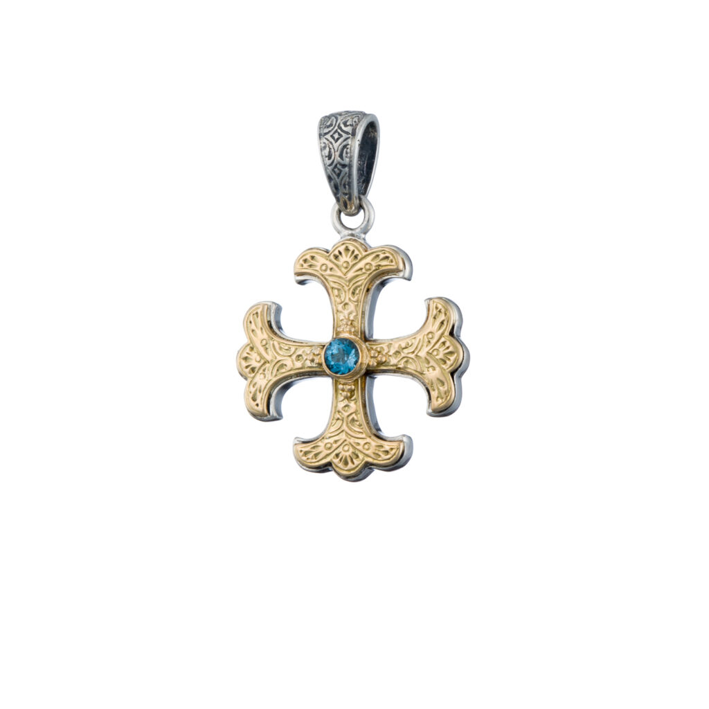 Byzantine cross in 18K Gold and Sterling silver with semi precious stone
