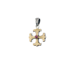 Byzantine Cross in 18K Gold and Sterling Silver with ruby