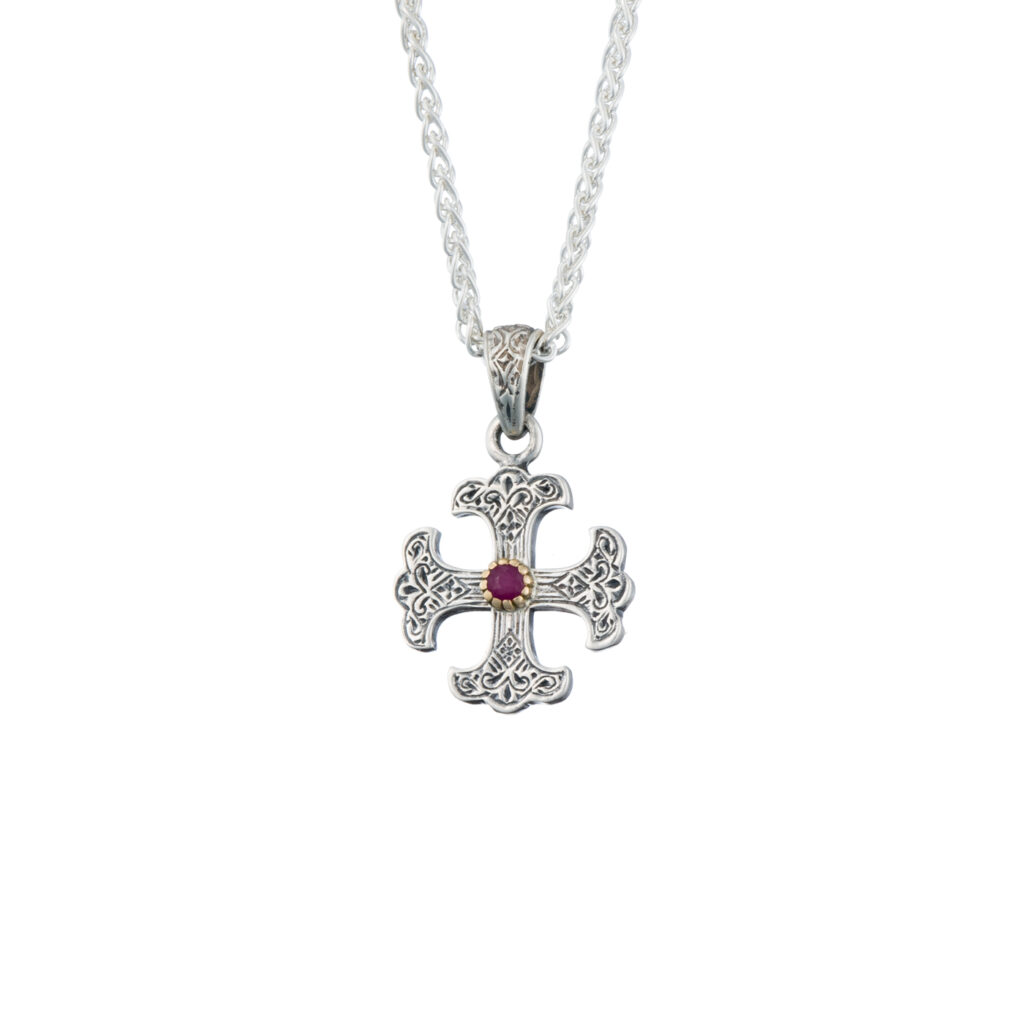 Byzantine Cross in Sterling Silver & details in 18K Gold with ruby