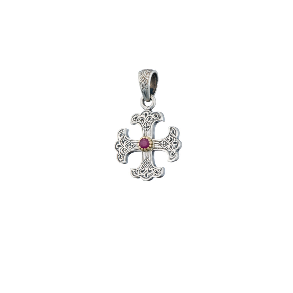 Byzantine Cross in Sterling Silver & details in 18K Gold with ruby