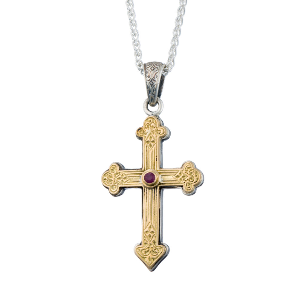Byzantine Cross in 18K Gold and Sterling Silver with ruby
