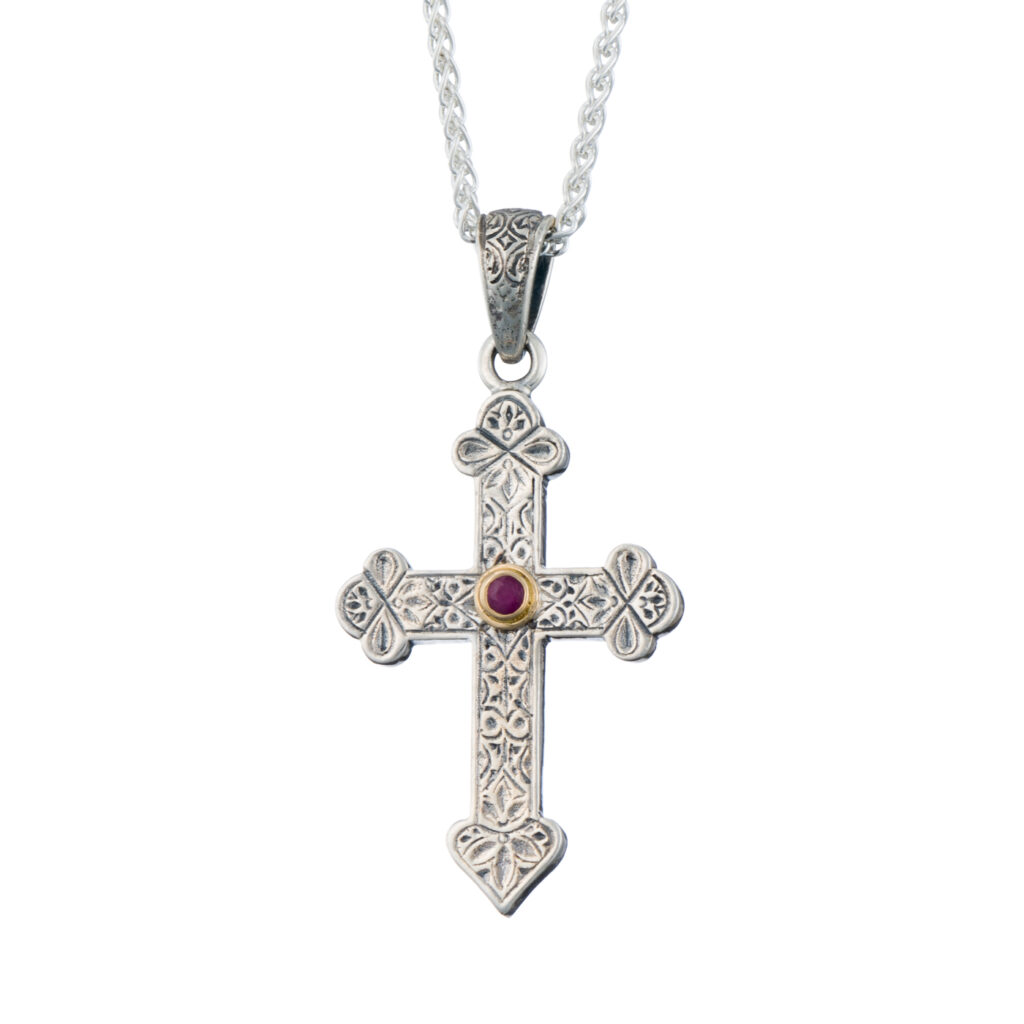 Byzantine Cross in Sterling Silver and details in 18K Gold with ruby