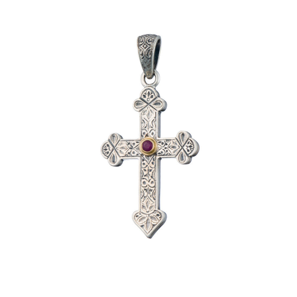 Byzantine Cross in Sterling Silver and details in 18K Gold with ruby