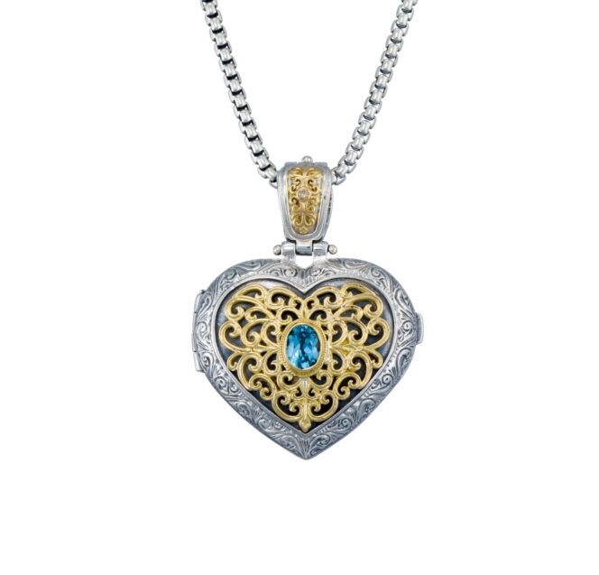 Mediterranean Heart locket in 18K Gold and sterling silver with Gemstones