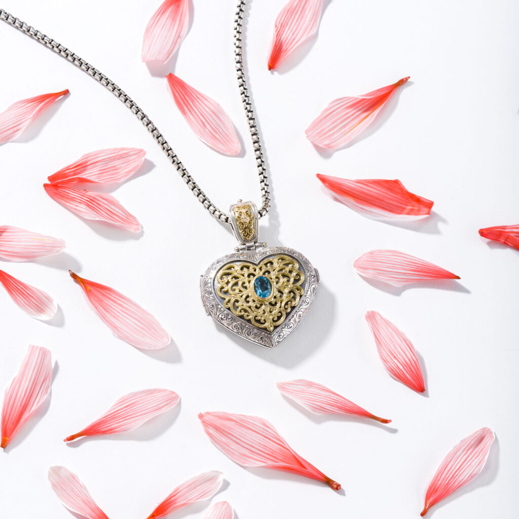 Mediterranean Heart locket in 18K Gold and sterling silver with Gemstones