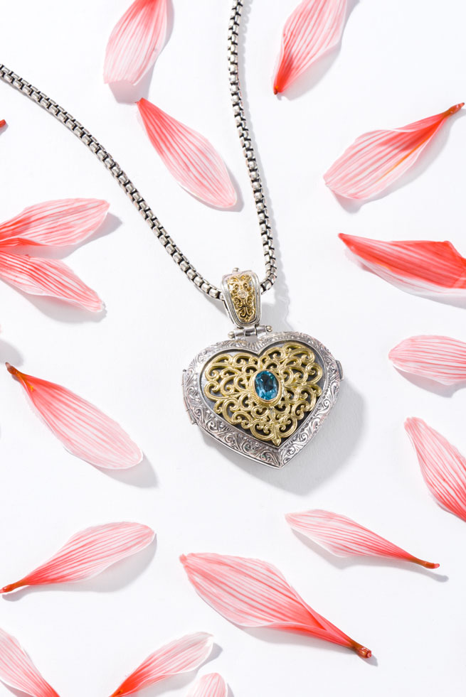 silver and gold 18k heart pendant, handmade in Greece from Gerochristo jewelry. Great engraving finest quality natural stones.